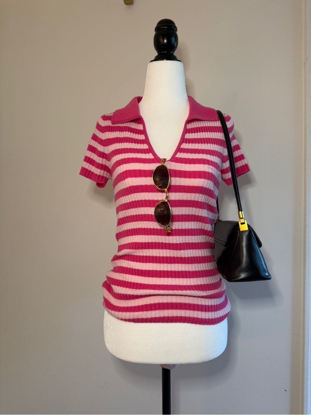 Striped Pink Polo Rib Knit Top - Women